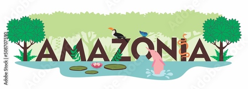 Letreiro com nome da floresta amazônica, escrito em português, representado com alguns de seus animais e plantas típicos da região. photo