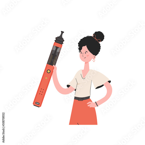 The girl is holding an electronic cigarette in her hands. Flat style. Isolated. Vector illustration.