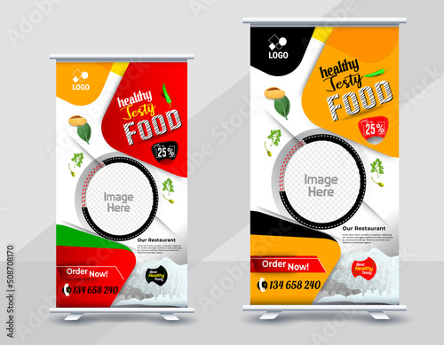 Food and Restaurant roll up banner design, Standee Food Design Banner, Fast Food digital Roll Up template, standee roll up banner Vector design, Delicious Food Restaurant X-Banner