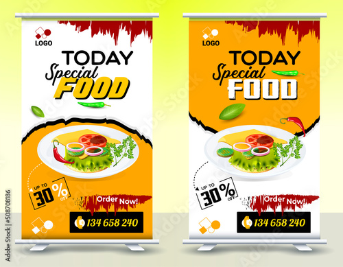 Food and Restaurant roll up banner design, Standee Food Design Banner, Fast Food digital Roll Up template, standee roll up banner Vector design, Delicious Food Restaurant X-Banner