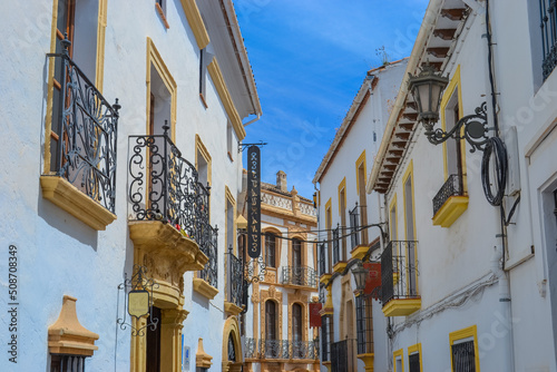 Ronda  Spain  25.05.2022  Ronda Old Town Casco Antiguo. Old town with its white architecture  narrow streets  white buildings  balconies.