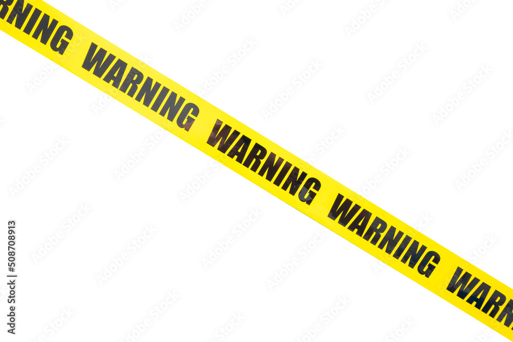 Yellow warning tape isolated and cutout on white background. Risk and accident concept