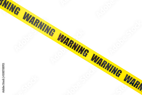 Yellow warning tape isolated and cutout on white background. Risk and accident concept photo