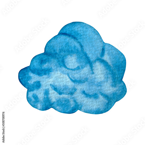 Watercolor blue cloud concept. Cartoon children fluffy cloud isolated on white background.