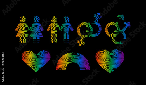 Dynamic line wave pride LGBTQ+ icon set, LGBTQ+ related symbols set in rainbow colors. Gay Pride Month. Flat design signs isolated on black background