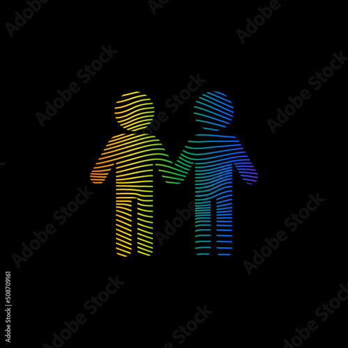 Dynamic line wave LGBTQ+ sexual identity pride concept. Rainbow colors male and male symbol on black background
