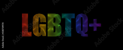Dynamic line wave LGBTQ+ word banner vector illustration isolated on black background. Typography with L Lesbian flag, G Gay Pride flag, B Bisexual flag, T Transgender community pride, Q Queer