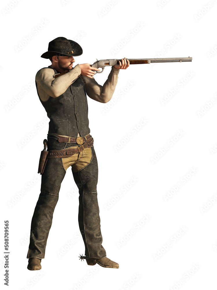 A gunslinger from the historical American Wild West, dressed in black, with a cowboy hat on his head and a six shooter at his hip takes aim with his rifle. Isolated with no background. 3D Rendering A gunslinger from the historical American Wild West, dressed in black, with a cowboy hat on his head and a six shooter at his hip takes aim with his rifle. Isolated with no background. 3D Rendering