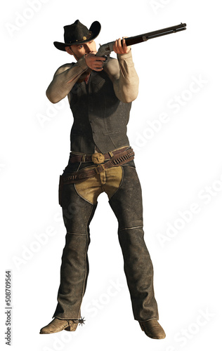 A gunslinger from the historical American Wild West, dressed in black, with a cowboy hat on his head and a six shooter at his hip takes aim with his rifle. Isolated with no background. 3D Rendering
