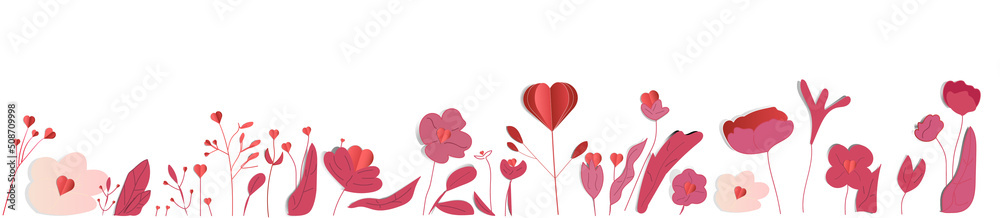White horizontal banner or floral backdrop decorated with hearts. Flat botanical spring vector illustration on white background, paper cut style hearts.vector illustration.Paper Art Style Vector