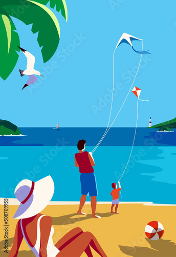 Family Beach Holiday Summer Vacation Rest Fun. Parents, child together leisure relax vector illustration. Sea beach recreation. Sunny tropical seaside landscape background. Season tourist trip concept
