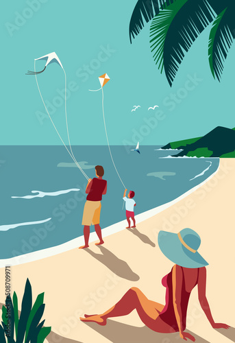 Family Summer Time Beach Vacation. Father, mother, son leisure relax on sandy shore retro style vector. Tropical sea resort background. Parents, child holiday fun recreation flat design illustration