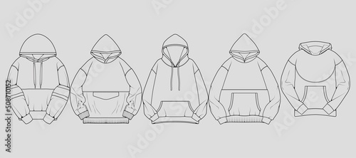 Set of hoodie oversized outline drawing vector, hoodie oversized in a sketch style, trainers template outline, vector Illustration
