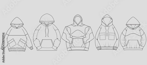 Set of hoodie oversized outline drawing vector, hoodie oversized in a sketch style, trainers template outline, vector Illustration
