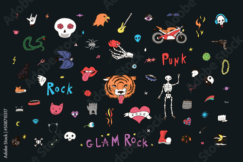 Punk rock doodles vector illustrations set