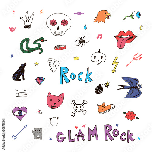 Punk rock doodles vector illustrations set