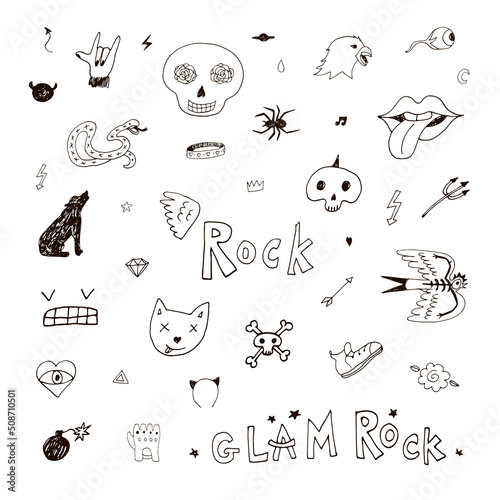 Punk rock doodles vector line illustrations set