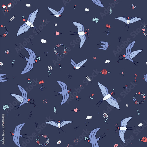 Swallow bird vector seamless pattern