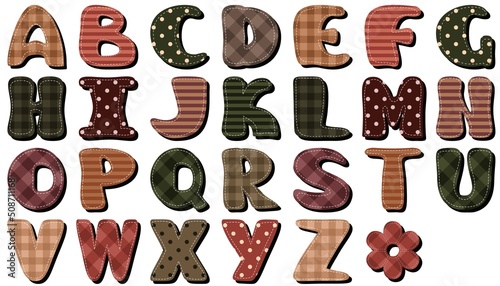 different textile scrapbook alphabet on white background	