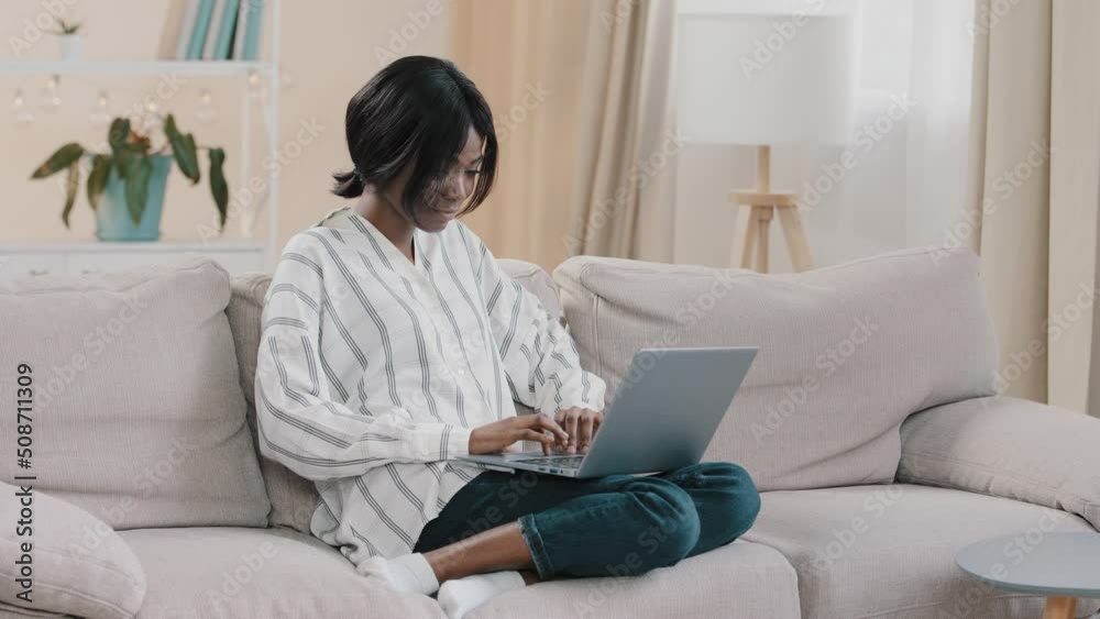 Young woman sitting on comfortable sofa in living room typing on laptop female freelancer working remote at home pretty girl chatting with friends on social network makes order in online store studies Young woman sitting on comfortable sofa in living room typing on laptop female freelancer working remote at home pretty girl chatting with friends on social network makes order in online store studies