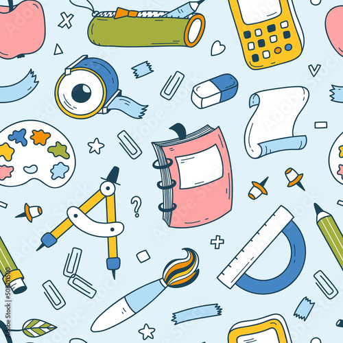 Back to School. Cute School Supplies Seamless Pattern. Colorful Background for Kids with Education Elements. Vector illustration.