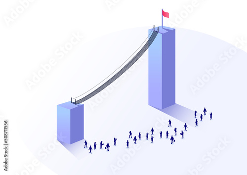 Concept of overcoming business challenges for accelerated business growth. Isometric vector illustration of hanging bridge connecting increasing bar chart. Bird's eye view of people.