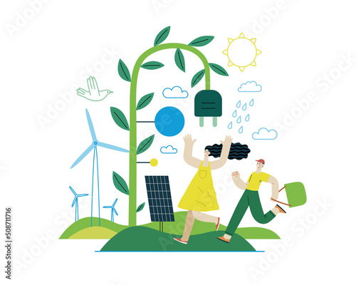 Ecology - Renewable energy -Modern flat vector concept illustration of Solar panels, Wind turbines, Rain power. A young woman and a boy running. Creative landing web page illustartion