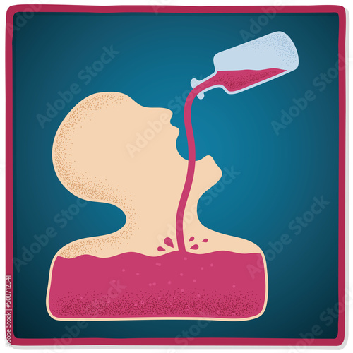 Person drinking alcohol, addiction problems, freehand drawing, vector illustration.