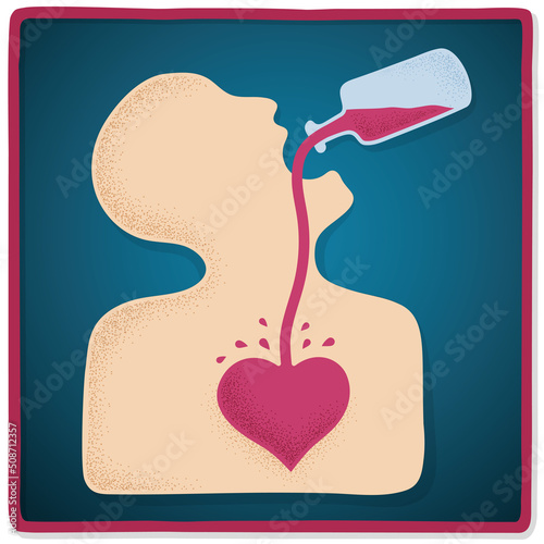 Person drinking alcohol, addiction problems, freehand drawing, vector illustration.