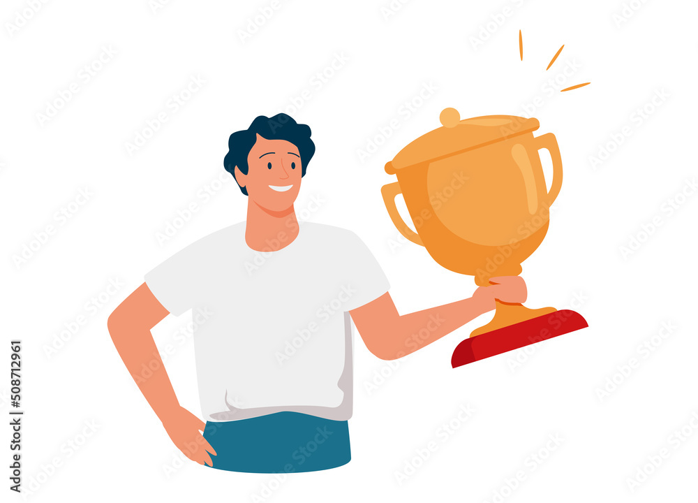 Best worker employee winner with trophy cup inside award ribbon and floral wreath flat style design vector illustration.