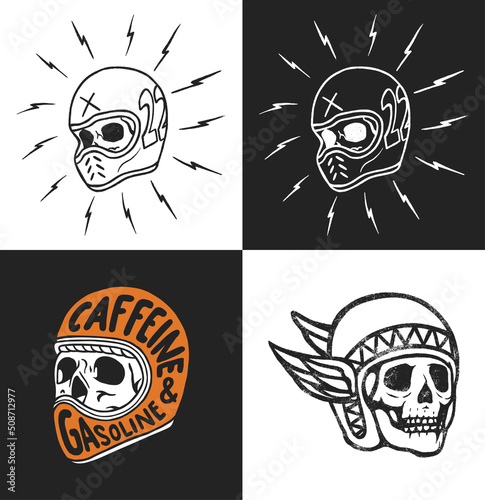Set of retro human skull wearing racing helmet vector clip art