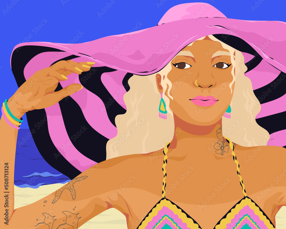 Young hipster woman wearing pink hat and bikini on beach vacation