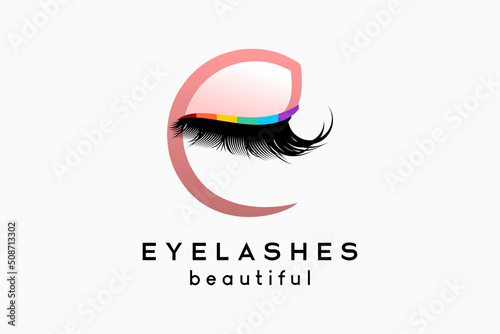 Eyelash extension logo design for makeup and cosmetic procedures, silhouette of eyelashes combined with letter e