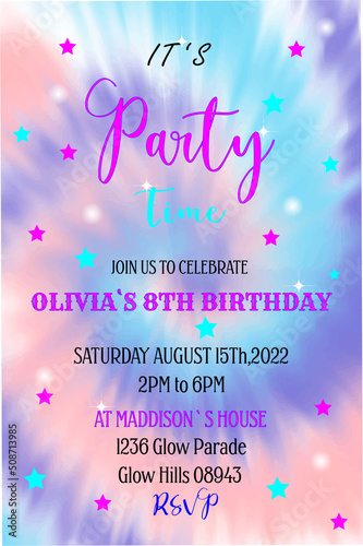 Invitation to a children's birthday party. Pink, blue, peach, blue colors are used. Can be used in web design, illustrations, banners, posters.
