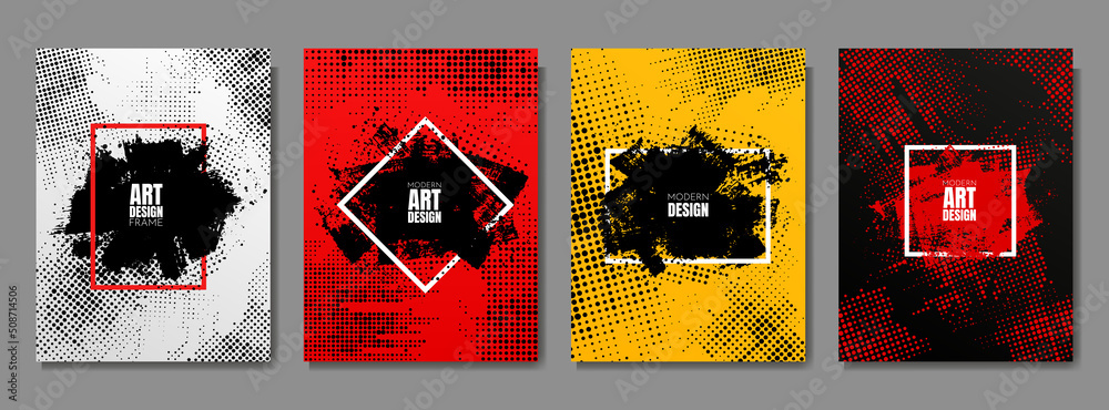 Vector illustration. Grunge frame gradient color. Halftone dots texture, grunge ink brush strokes. Design elements for poster, book cover, magazine, flyer, layout, greeting or business card, brochure - obrazy, fototapety, plakaty 
