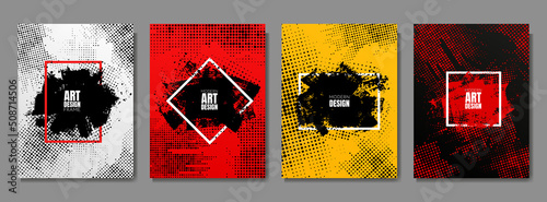 Vector illustration. Grunge frame gradient color. Halftone dots texture, grunge ink brush strokes. Design elements for poster, book cover, magazine, flyer, layout, greeting or business card, brochure
