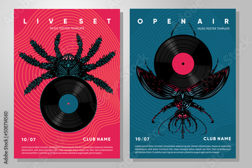 Music cover design with vinyl and bug. Retro style musical poster. Summer party template.