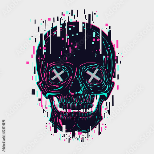 Vector skull. Glitch style vector illustration. Neon color digital graphic. Virtual reality avatar.