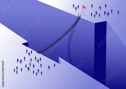 Concept for overcoming business challenges or obstacles. Vector illustration of a hanging bridge connecting people across a canyon. Isometric bird's eye view of group of people. 