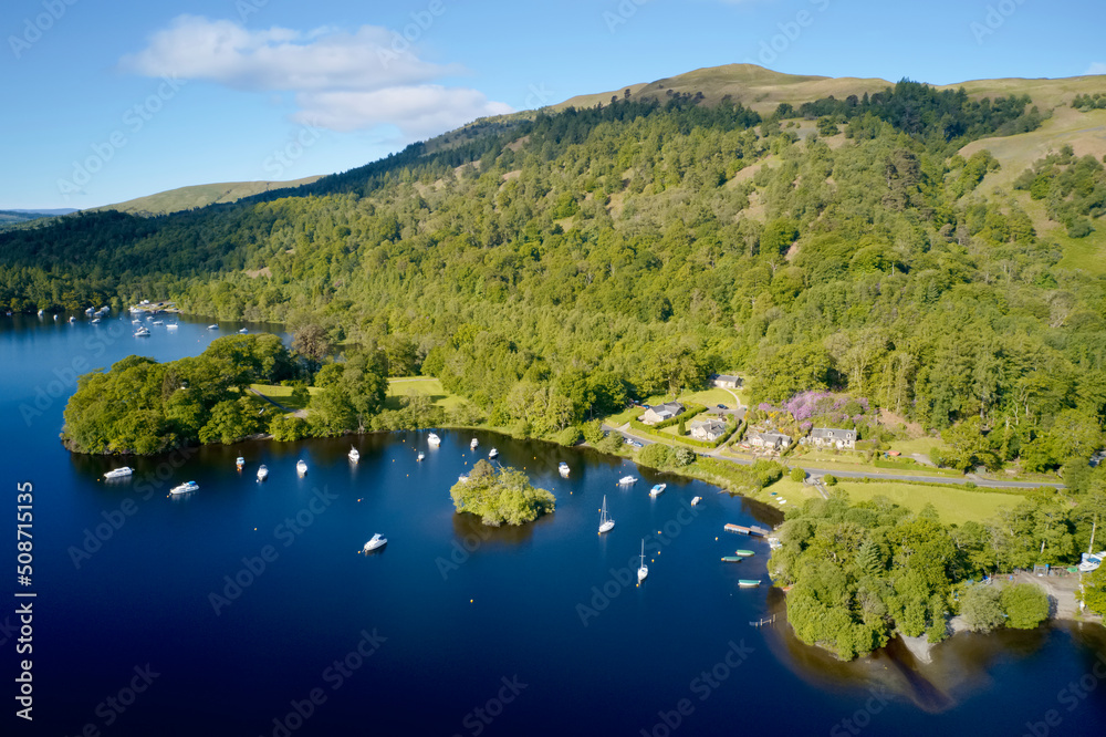 Fototapeta premium Aldochlay boat mooring on Loch Lomond aerial view