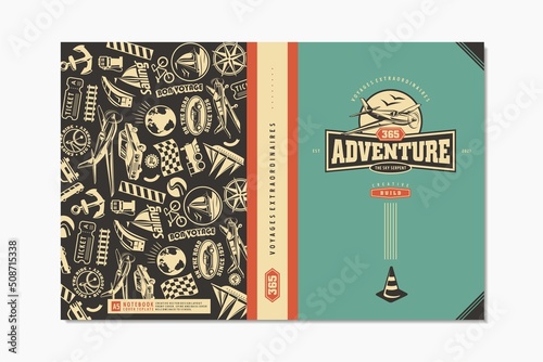 School notebook cover design template with various transportation vehicles. Adventure theme covers layout for brochure, copybook or card. Vector background illustration.