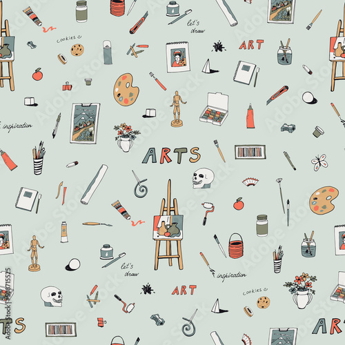 Art hobby painting class objects vector seamless pattern