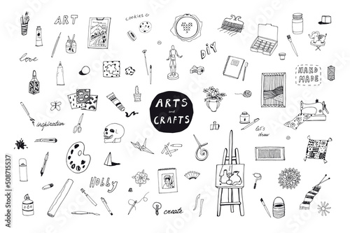 Art hobby painting class objects vector line illustrations set