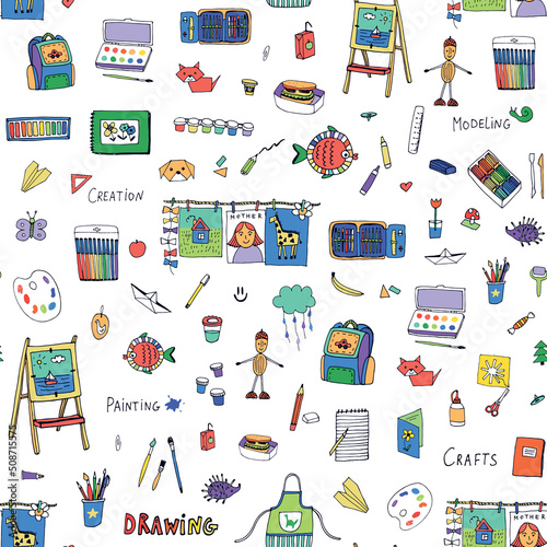 Hobby drawing children school class vector seamless pattern