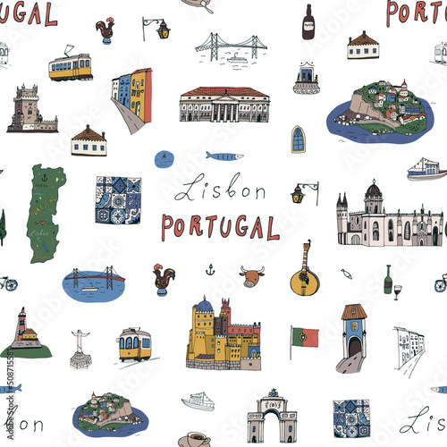 Travel lisbon portugal architecture vector seamless pattern