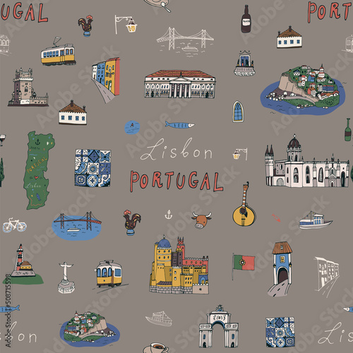 Travel lisbon portugal architecture vector seamless pattern