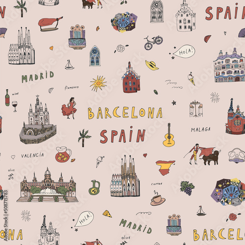 Barcelona Spain travel architecture landmarks vector seamless pattern