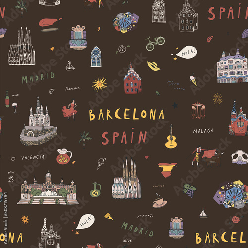 Barcelona Spain travel architecture landmarks vector seamless pattern