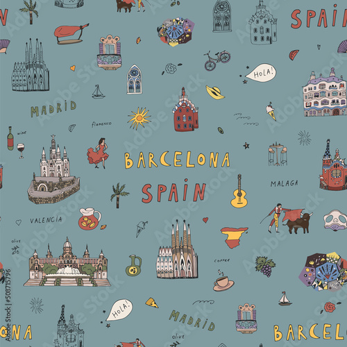 Barcelona Spain travel architecture landmarks vector seamless pattern