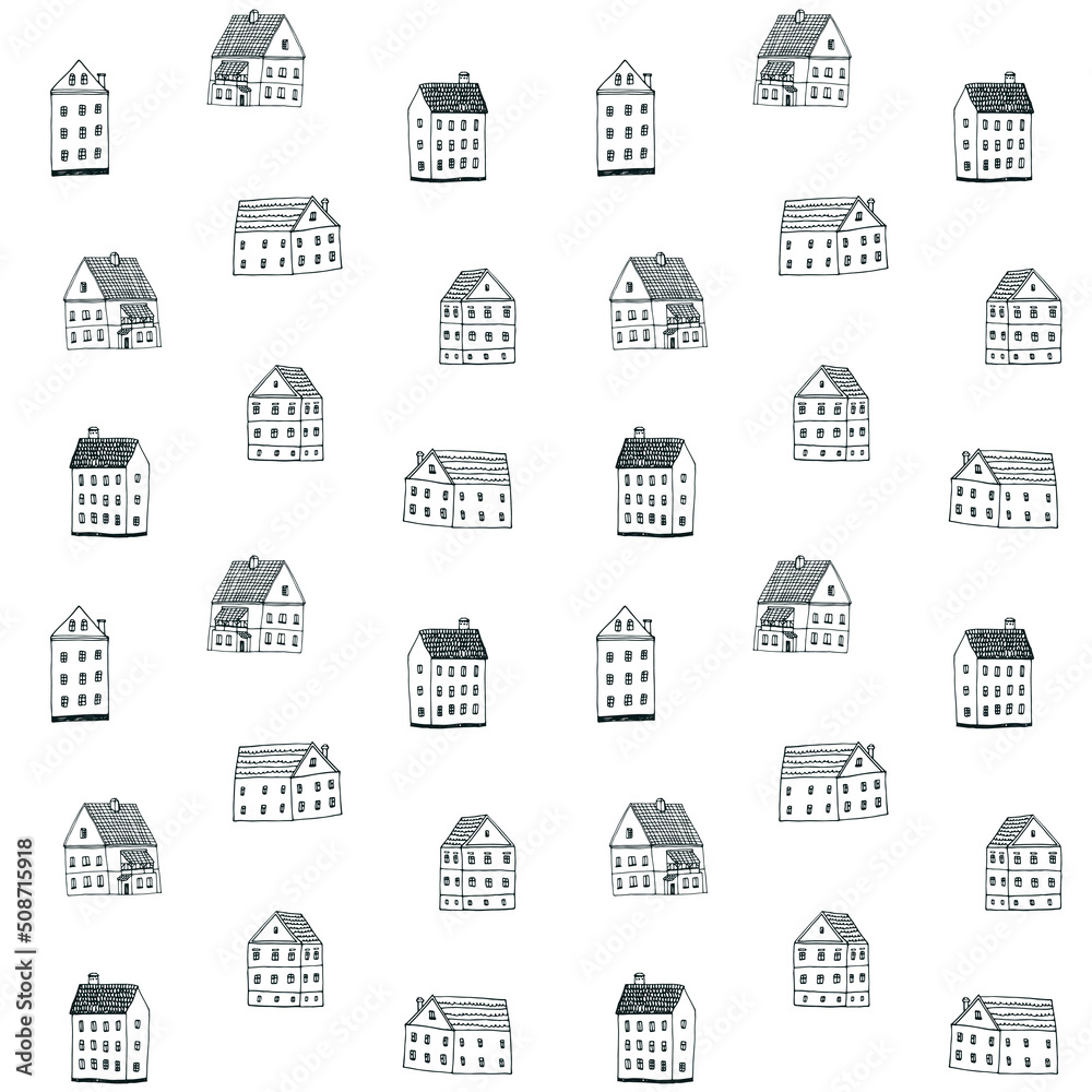 little houses vector seamless line pattern
